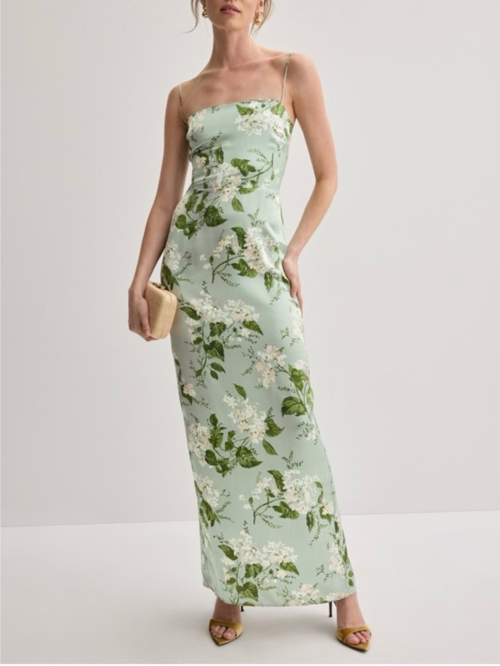 Reformation Green Tea Floral Strapless Slip Dress